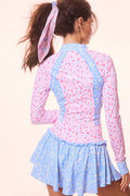 Floral active jacket with pink print and light-blue yoke, long sleeves and back panels