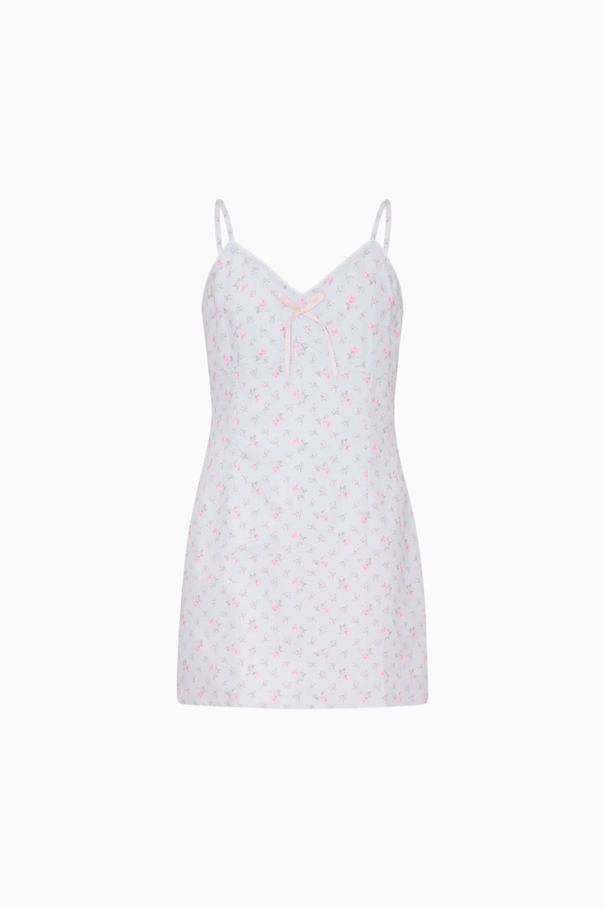 Floral cotton mini dress with spaghetti straps, V-neck, and light pink flower print