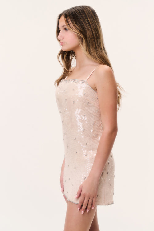 Peach sequin mini cami dress with side profile
