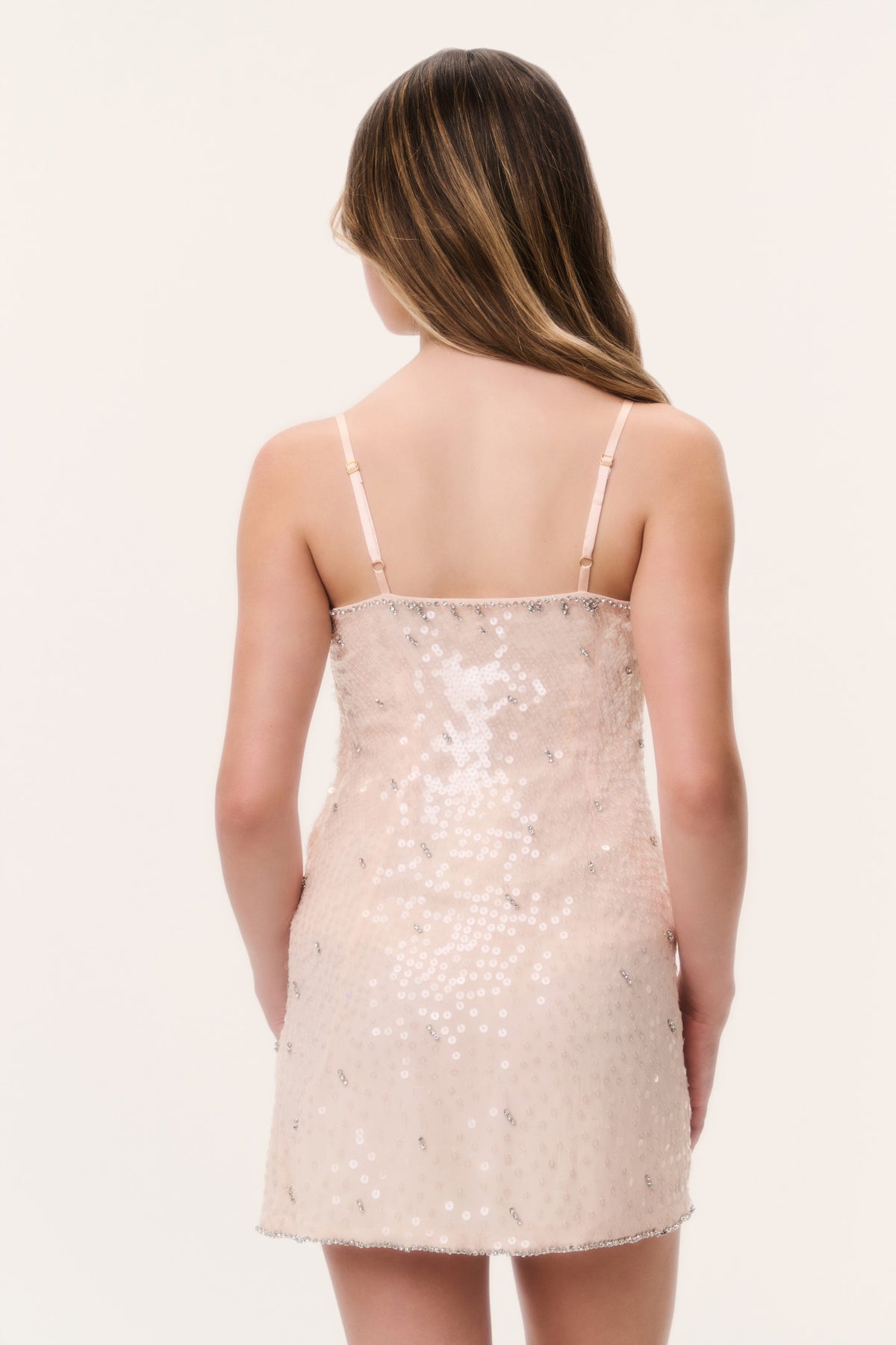 Peach sequin mini cami dress, open back with thin straps