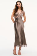 Silk-blend lace maxi dress in pewter sky, lace V-neck bodice and scalloped lace hem