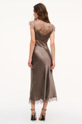Silk-blend lace maxi dress in pewter sky, lace back yoke and scalloped lace hem