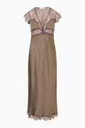 Silk-blend lace maxi dress in pewter sky, lace cap sleeves and satin body
