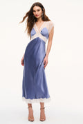 Silk-blend lace maxi dress in weathered blue, lace V yoke and white lace trim