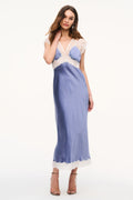 Silk-blend lace maxi dress in weathered blue, lace V-neck bodice and midi hem