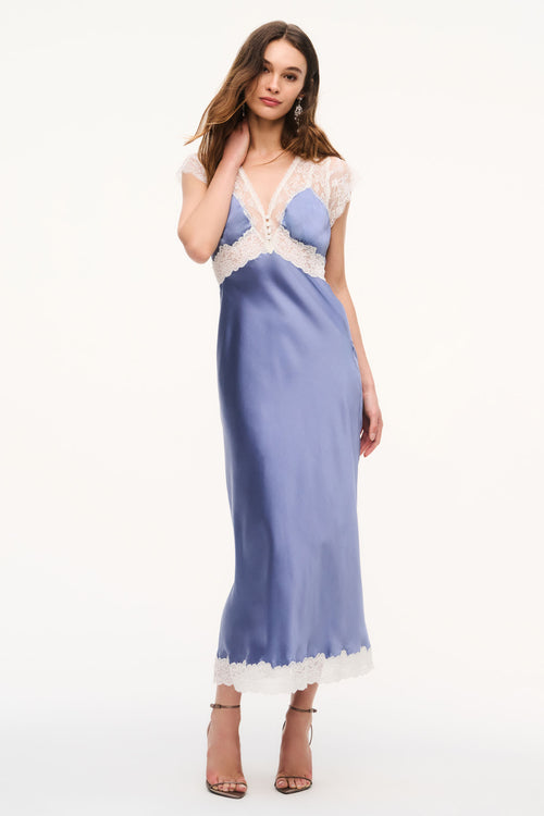 Silk-blend lace maxi dress in weathered blue, lace V-neck bodice and midi hem