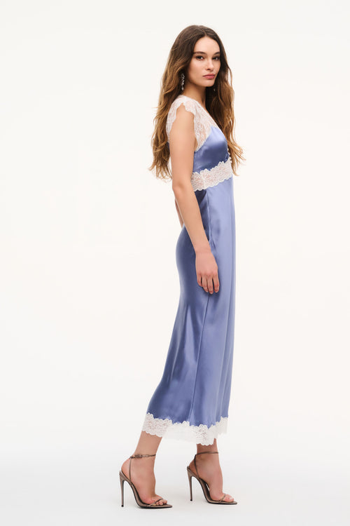 Silk-blend lace maxi dress in blue with scalloped lace cap sleeves and hem