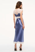 Silk-blend lace maxi dress in weathered blue, lace back panel and scalloped hem