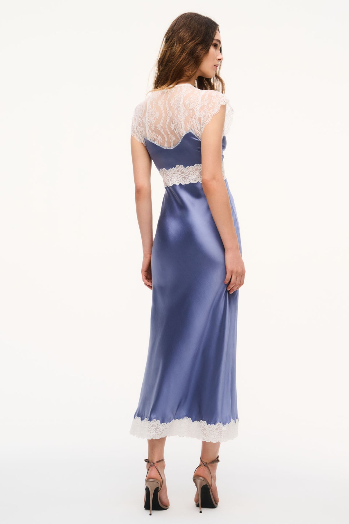 Silk-blend lace maxi dress in weathered blue, lace back panel and scalloped hem