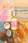 Mini hair and body mist bottle with rose-gold cap, gold glass, pink floral label