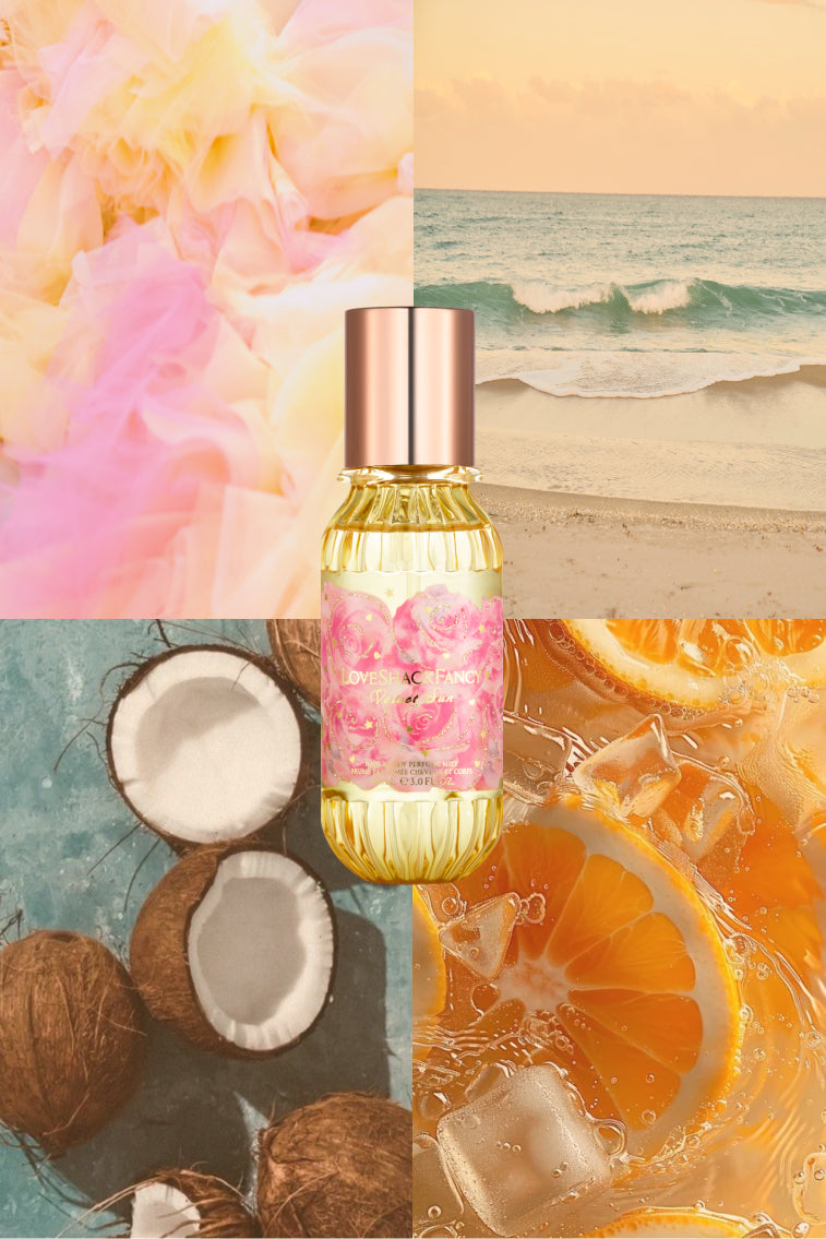 Mini hair and body mist bottle with rose-gold cap, gold glass, pink floral label