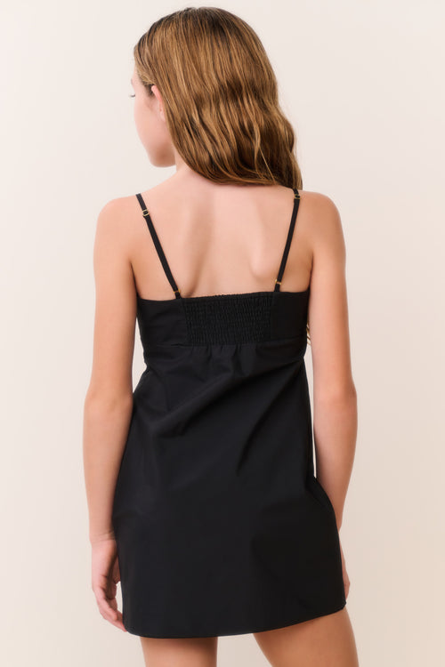 Black mini dress with spaghetti straps, scoop back