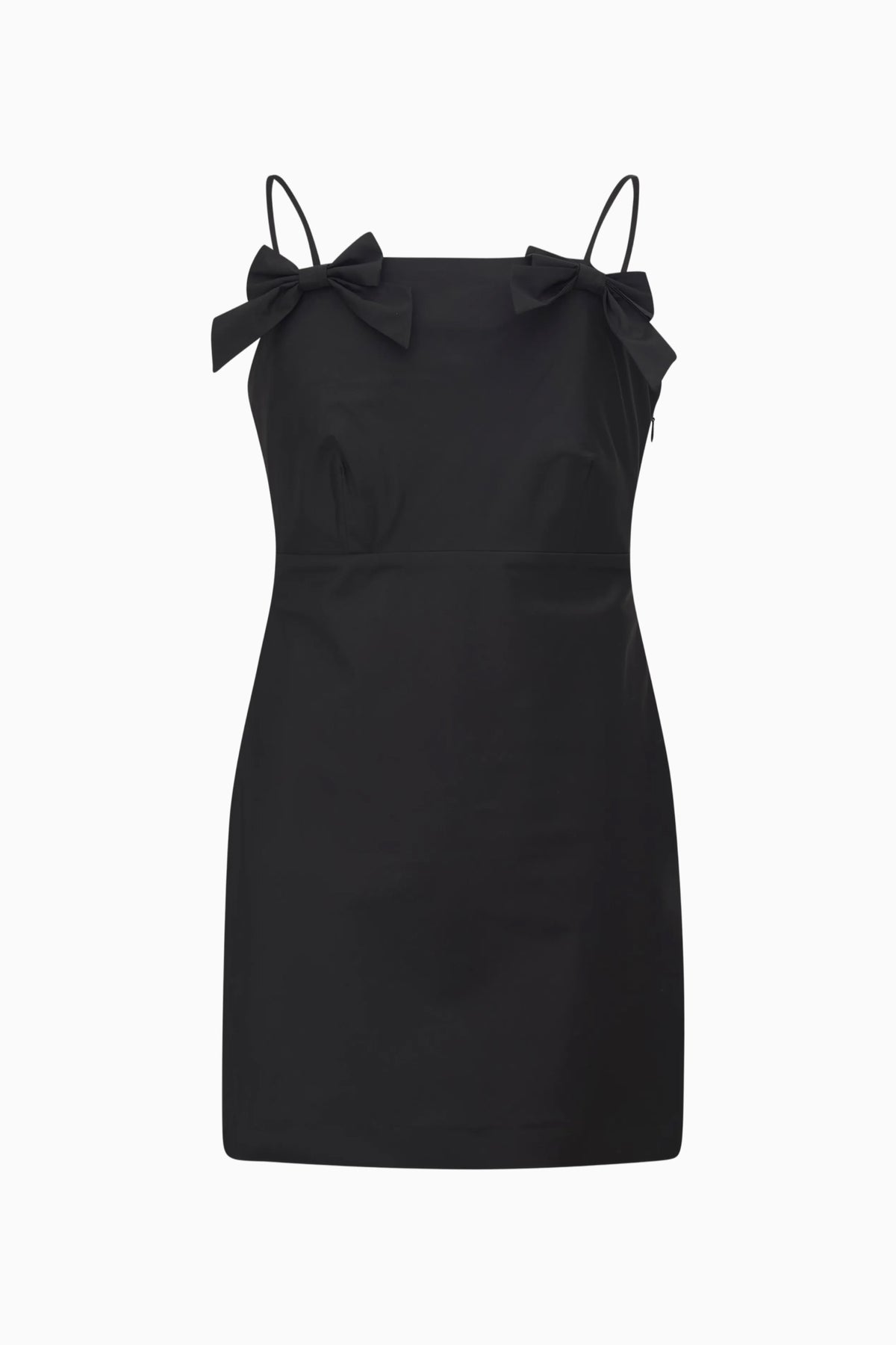 Black mini dress with shoulder bows and spaghetti straps