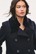 Navy peacoat with faux fur collar and buttoned double-breasted front detail