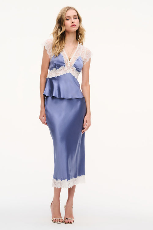 Silk-blend lace peplum top, blue satin with white lace V-neck trim