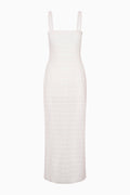 White lace stripe midi dress with spaghetti straps, sleeveless fitted front