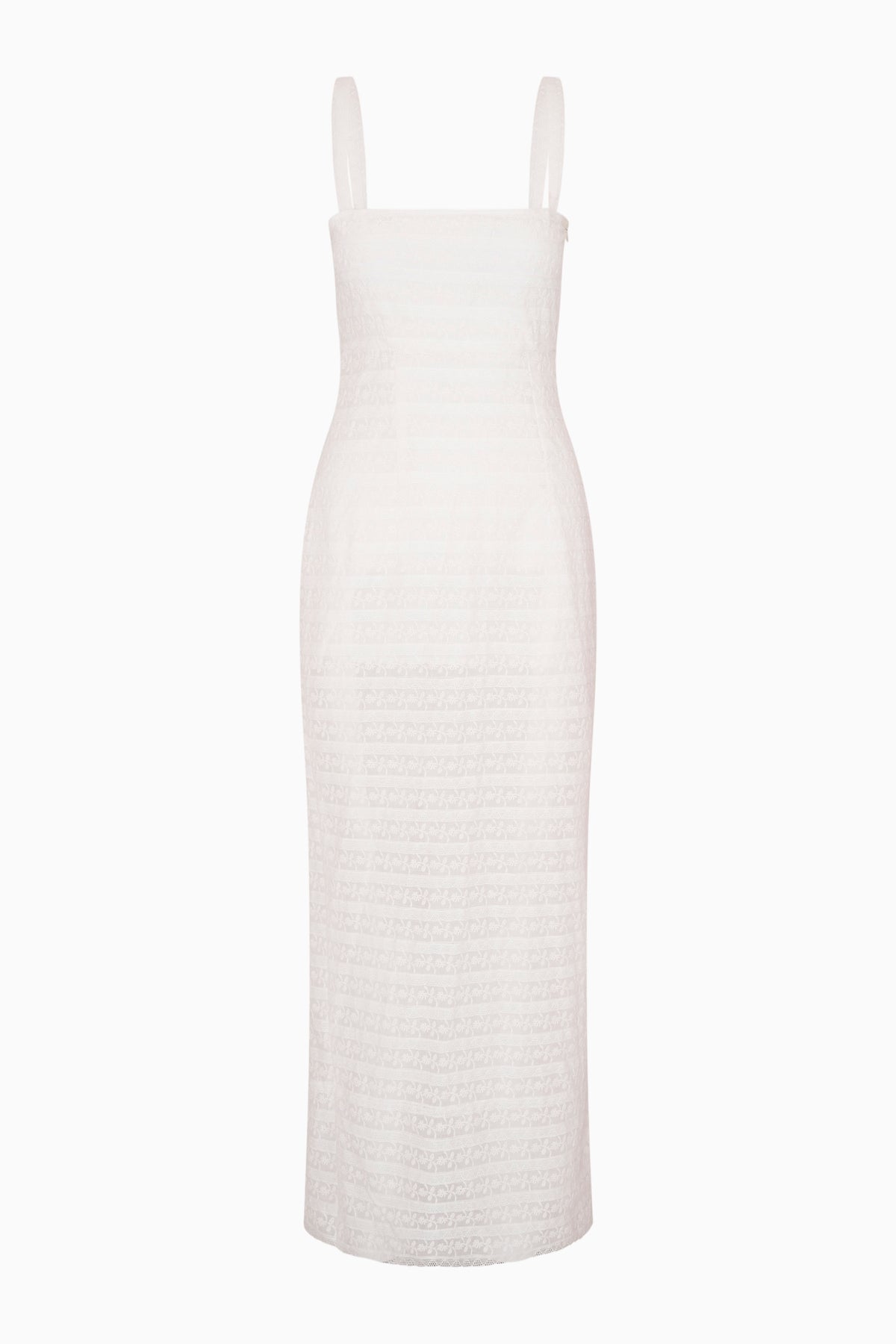 White lace stripe midi dress with spaghetti straps, sleeveless fitted front