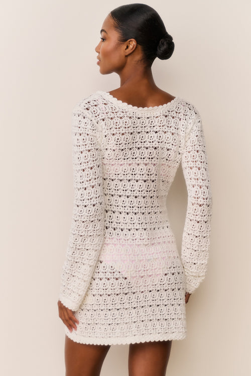 Cream crochet mini cover-up dress, open-knit back and long sleeves, textured pattern