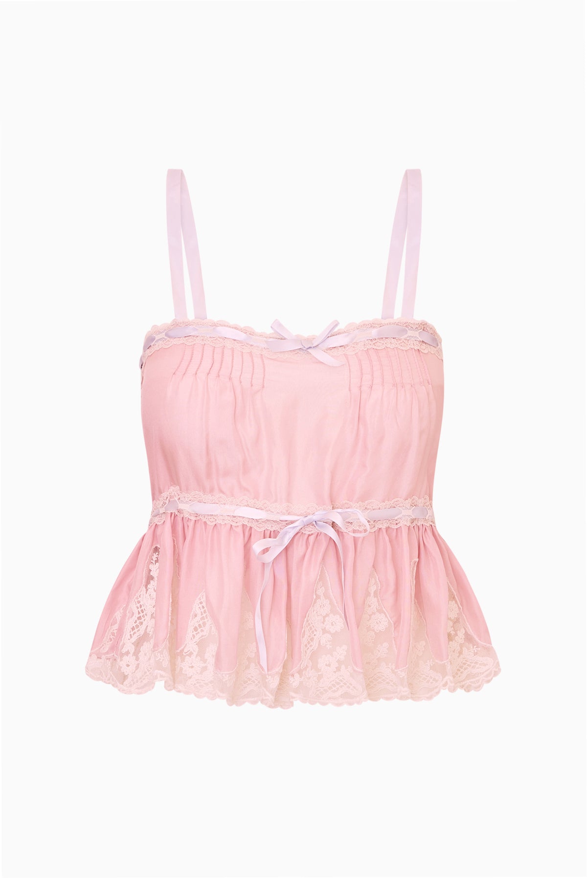 Pink lace camisole top with ribbon tie and tiered ruffle hem