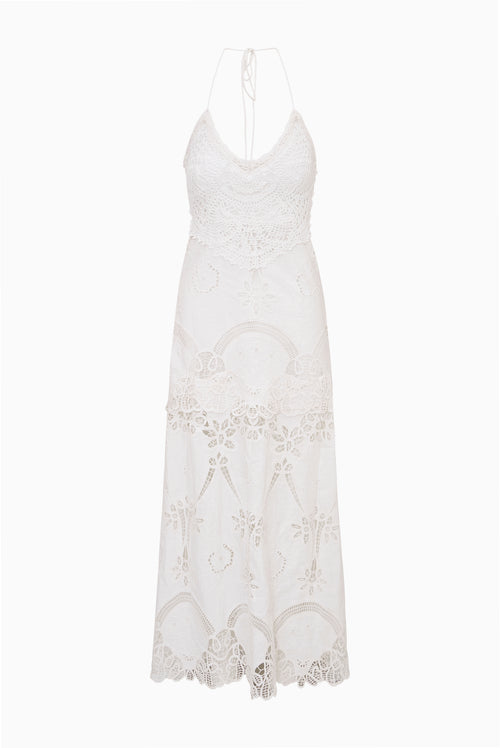 Crochet eyelet maxi dress in optic white, sleeveless with scoop neckline