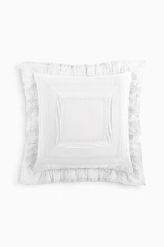 White euro pillow with embroidered square center and ruffled border