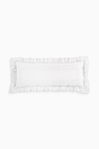 White rectangular lumbar pillow with ruffled border and stitched center panel
