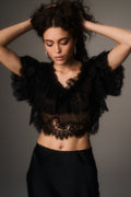 Black lace chiffon V-neck cropped top with sheer lace overlay, front close-up