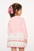 Girls' pink knit flag pullover with ribbed crew neck and cuffs, plain back