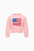 Girls' pink knit flag pullover, red-white-blue flag patch on chest
