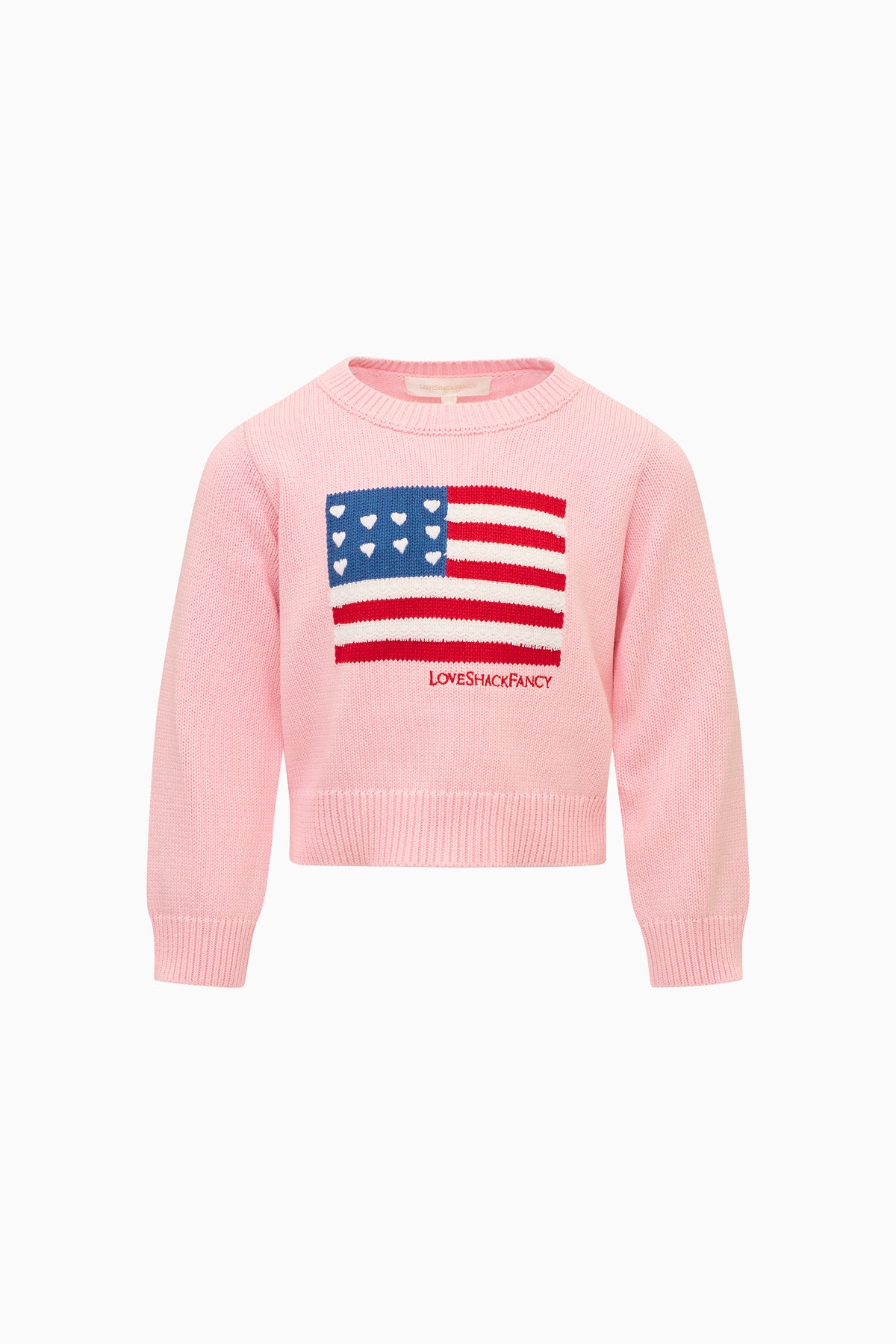 Girls' pink knit flag pullover, red-white-blue flag patch on chest