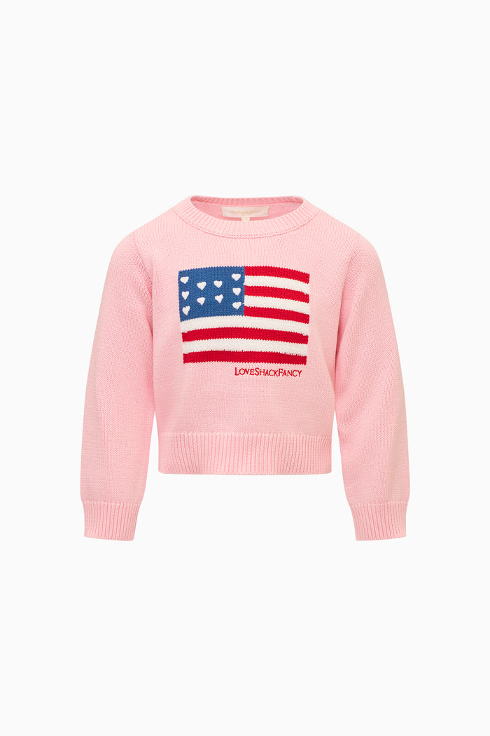 Girls' pink knit flag pullover, red-white-blue flag patch on chest - Customized