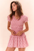 Girls Banson smocked dress, pink with tiny floral print and puff sleeves