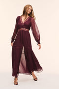 Faded merlot sheer maxi dress with lace-trim neckline and button placket, tiered flowing skirt