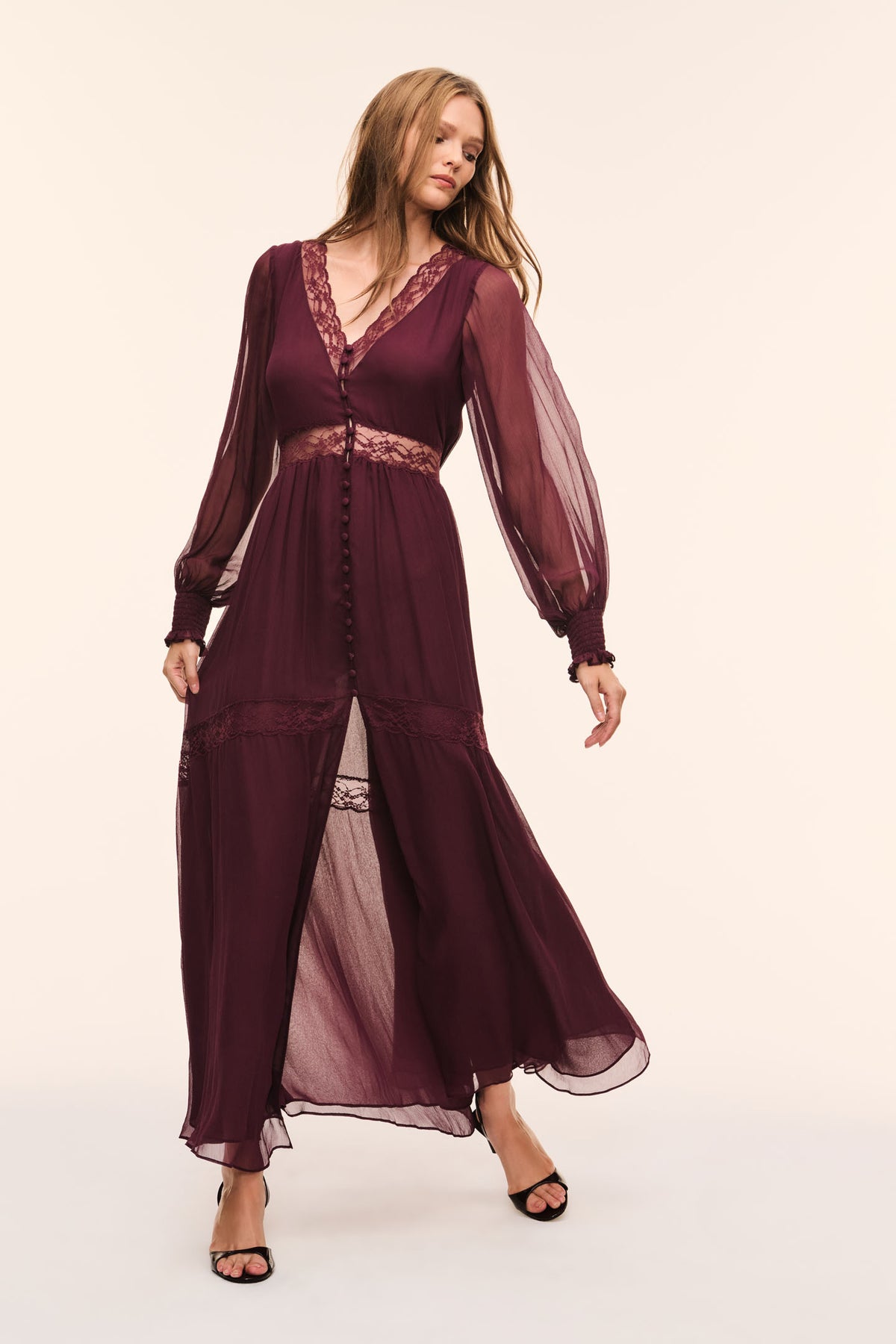 Faded merlot sheer maxi dress with lace-trim neckline and button placket, tiered flowing skirt