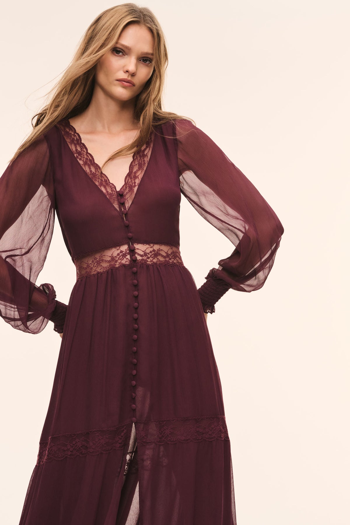 Faded merlot sheer silk maxi dress with lace V-neck and button front, long puff sleeves