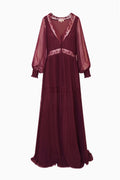 Faded merlot sheer maxi dress with lace-trim V-neck, button front, three-quarter puff sleeves