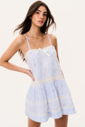 Sky mist cotton mini dress with spaghetti straps, vertical stripes, ruffled tiered skirt front