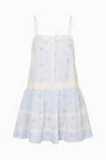 Sky mist cotton mini dress with spaghetti straps, vertical stripes, tiered lace-trimmed skirt