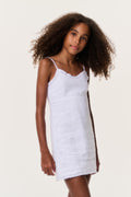 Optic white eyelet linen mini dress with lace-like trim and scalloped hem