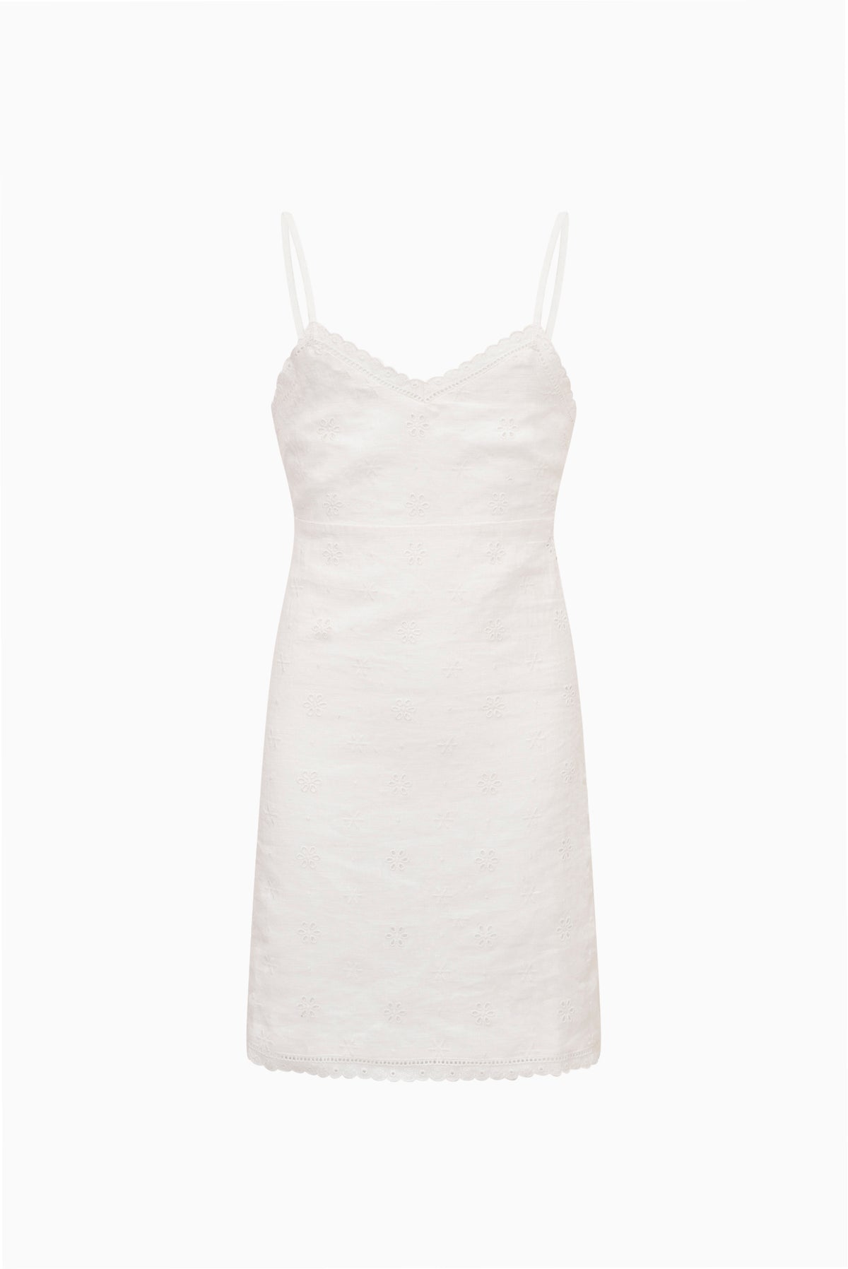 Optic white tween eyelet linen mini dress with spaghetti straps