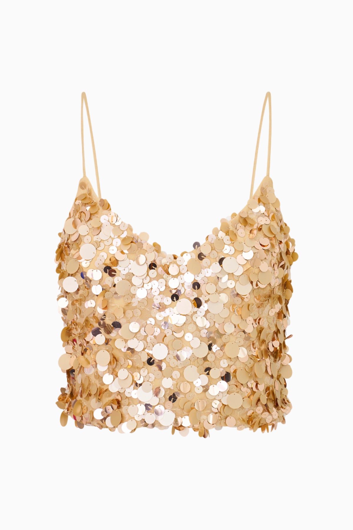 Gold sequin cropped tank top with spaghetti straps, all-over shimmering sequins.
