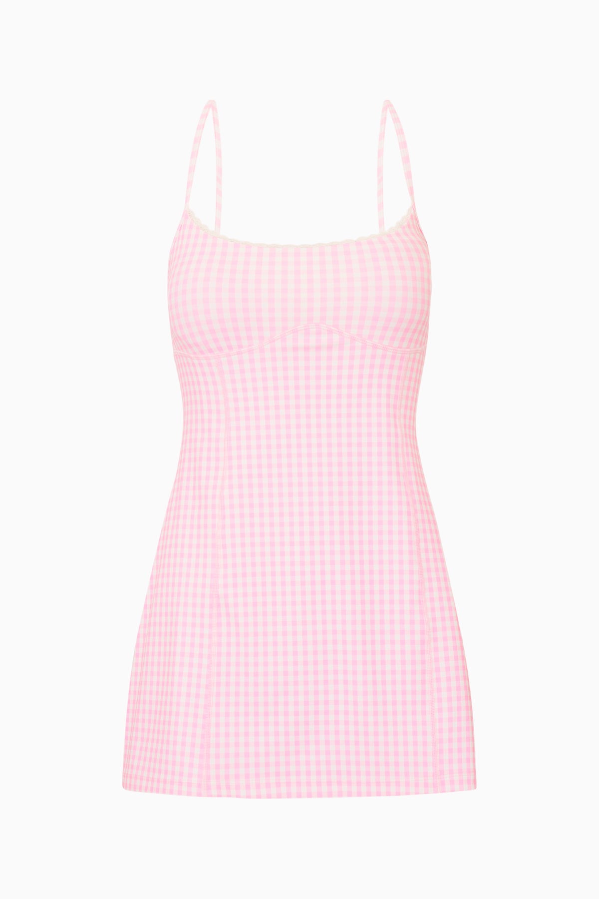 Pink gingham active dress with spaghetti straps and scoop neckline