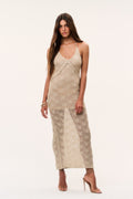 Metallic crochet maxi dress with V-neckline, scalloped lace trim, shimmering sand