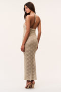 Backless metallic crochet maxi dress with thin straps and openwork pattern, shimmering sand