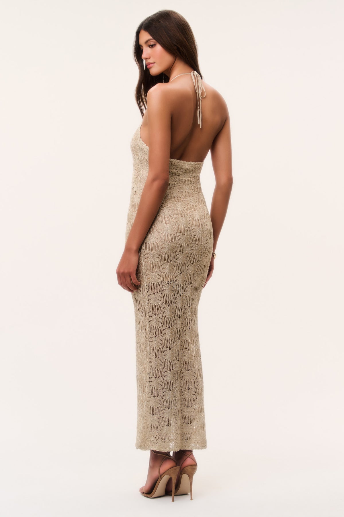 Backless metallic crochet maxi dress with thin straps and openwork pattern, shimmering sand