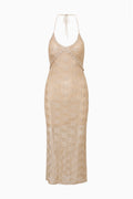 Metallic crochet maxi dress with adjustable spaghetti straps and openwork pattern, sand