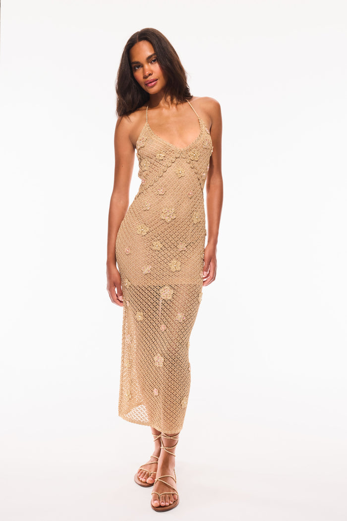 Metallic crochet halter midi dress with fitted column shape and thin straps