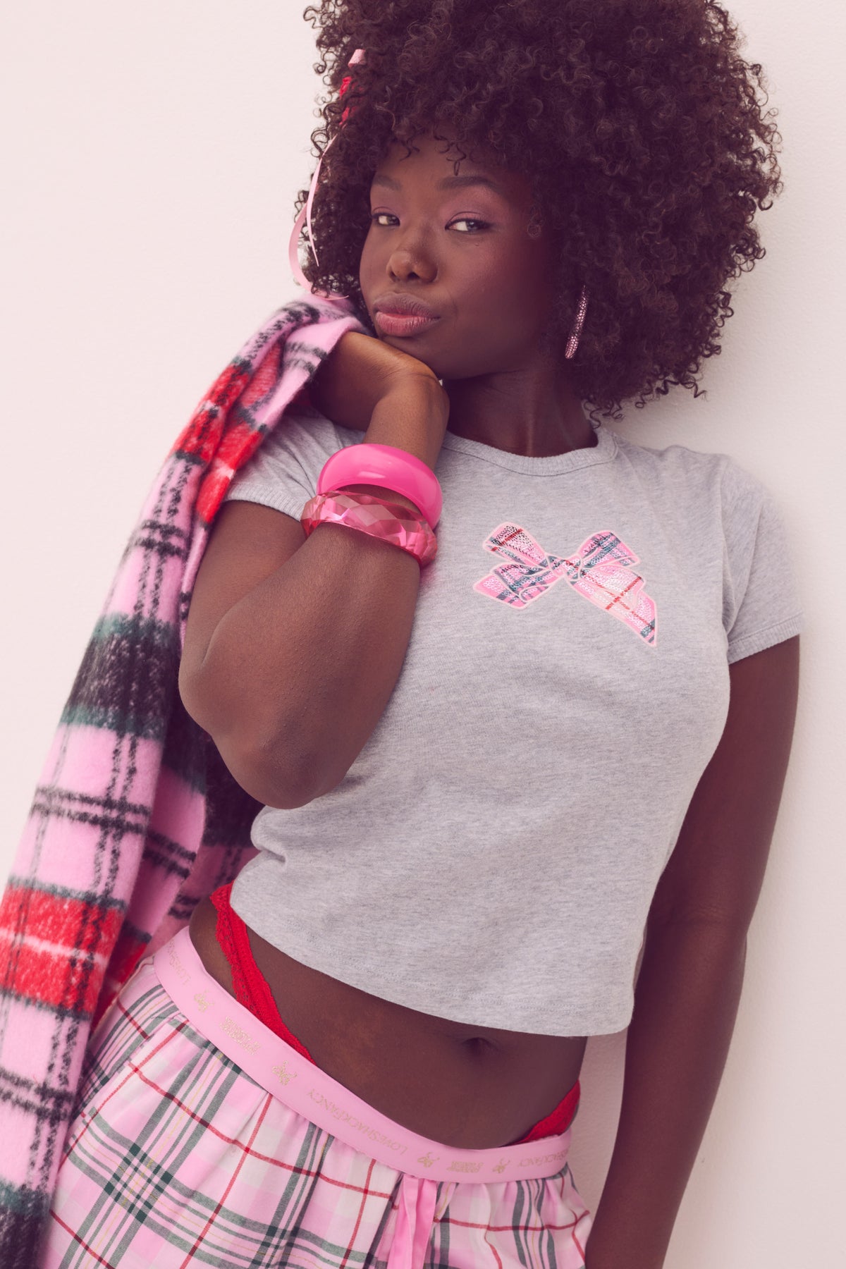 Heather gray cotton baby tee with pink unicorn and plaid pocket graphic