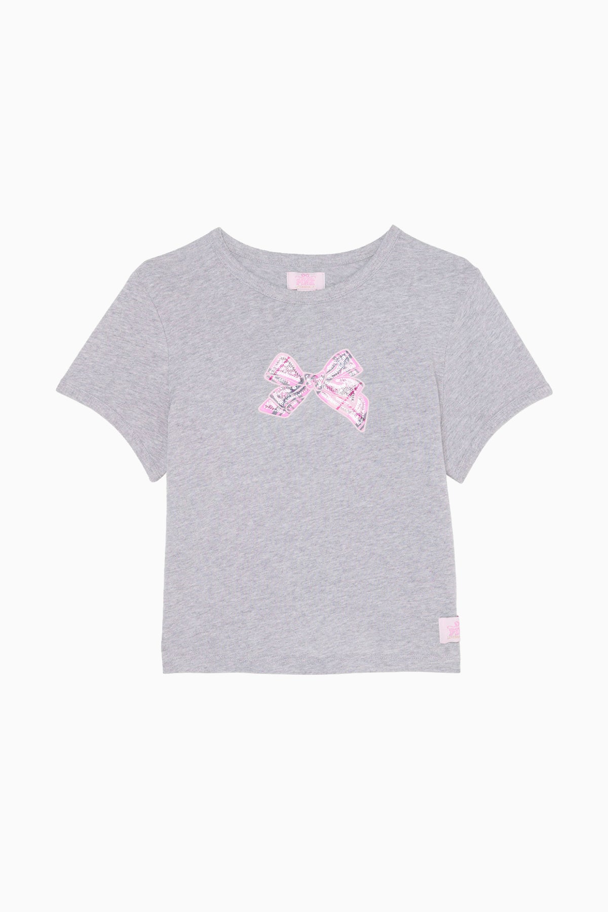 Heather gray cotton baby tee with pink bow graphic on front