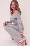 Heather gray knit flare pants with foldover waistband, long straight legs